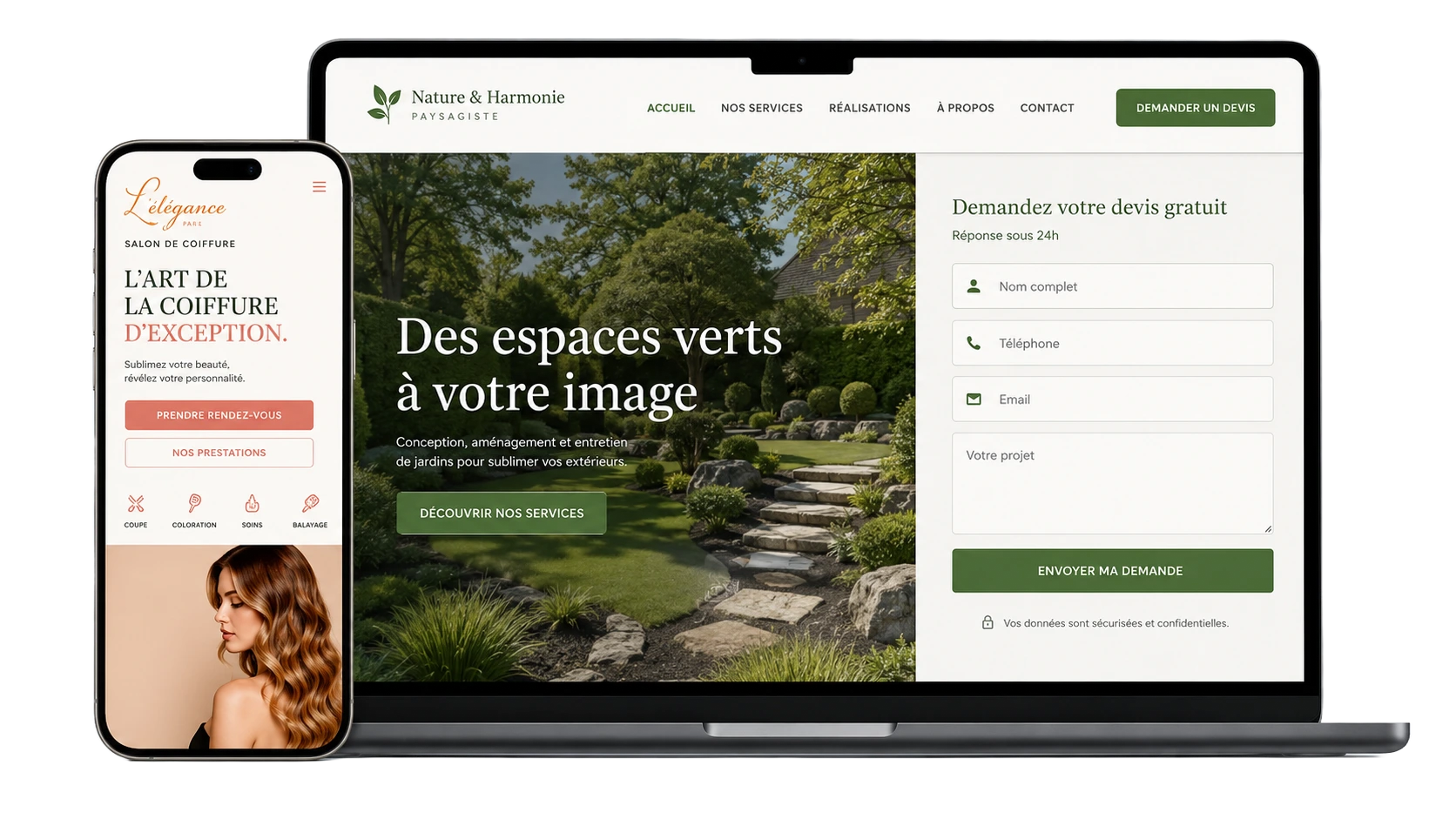 Site vitrine pour paysagiste affiché sur ordinateur portable avec formulaire de devis, et application de prise de rendez-vous pour salon de coiffure affichée sur smartphone