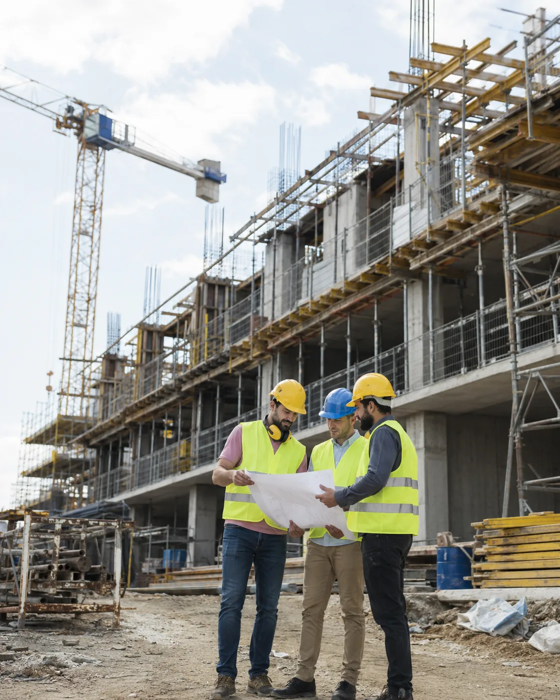 Équipe de chantier BTP consultant un plan de construction