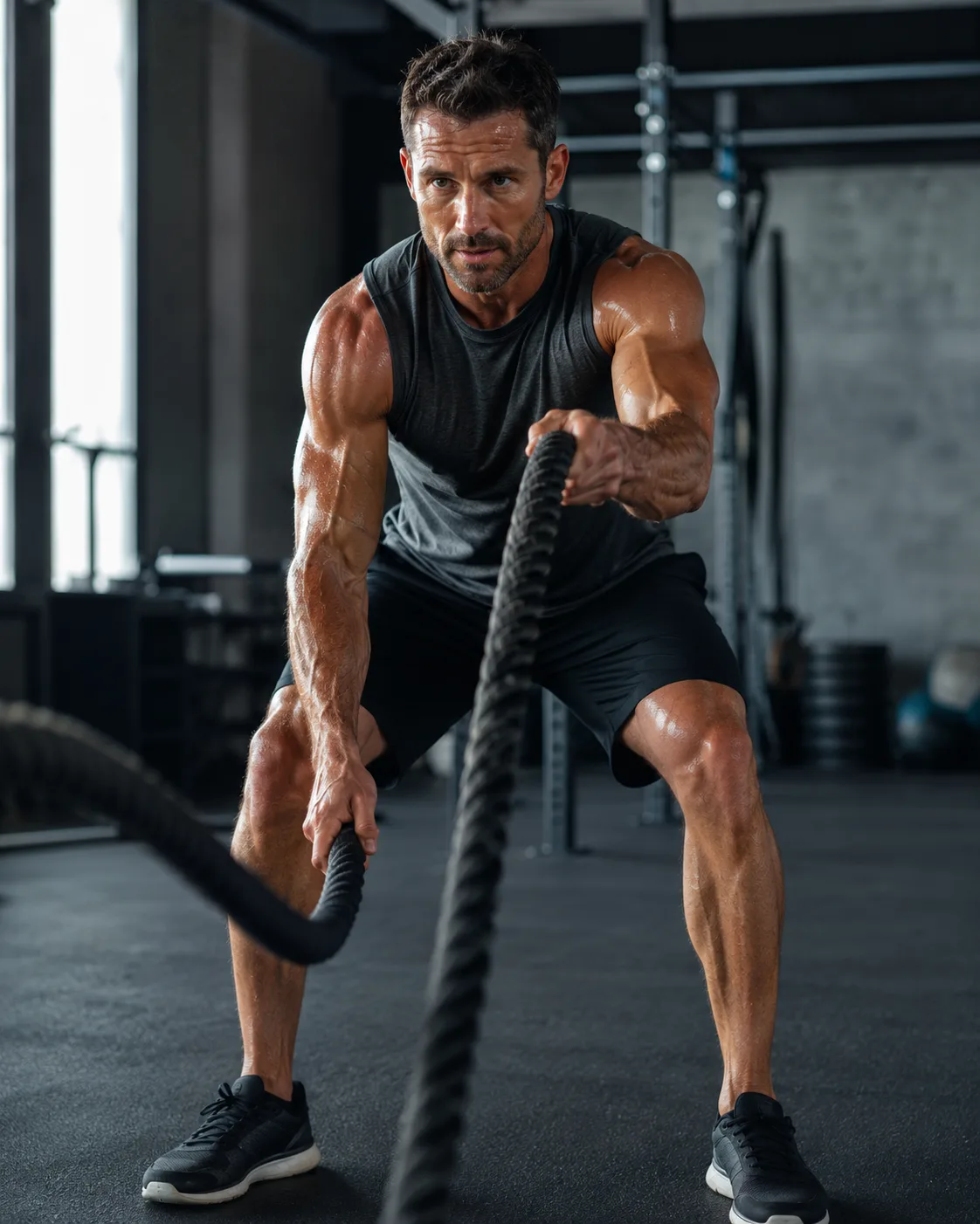 Coach sportif en séance d’entraînement avec des cordes