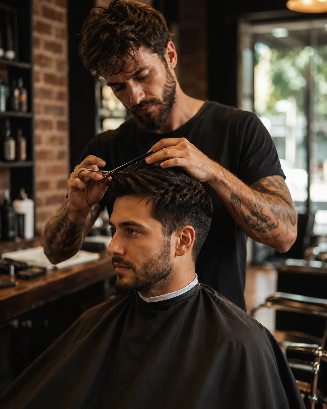 Coiffeur réalisant une coupe pour un client en salon