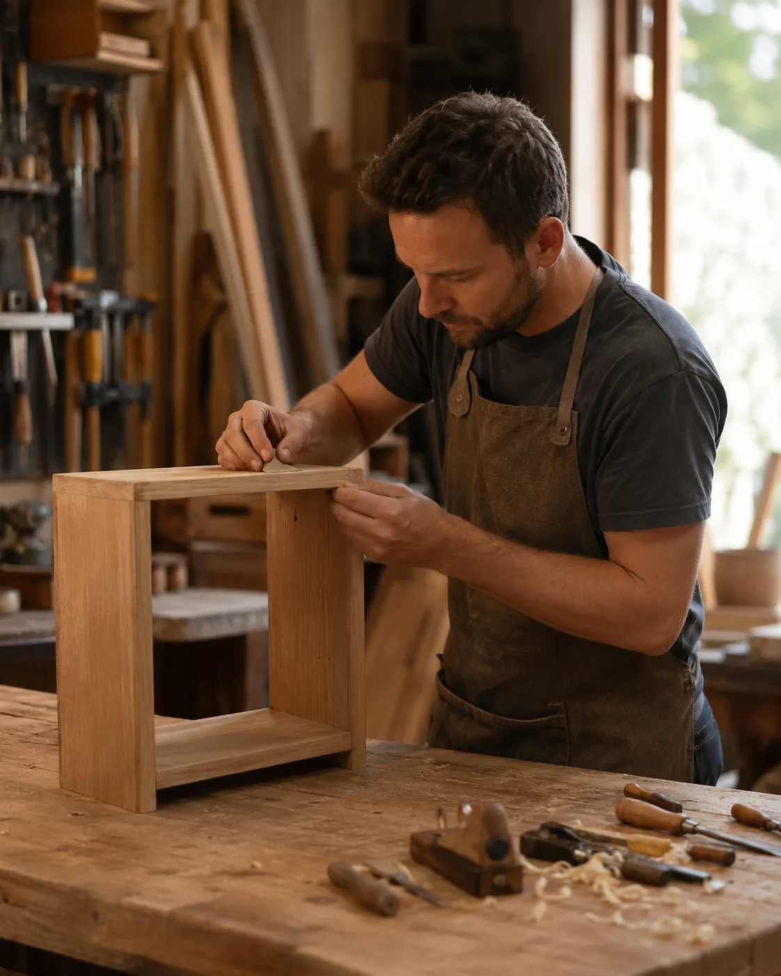 Menuisier travaillant le bois dans son atelier