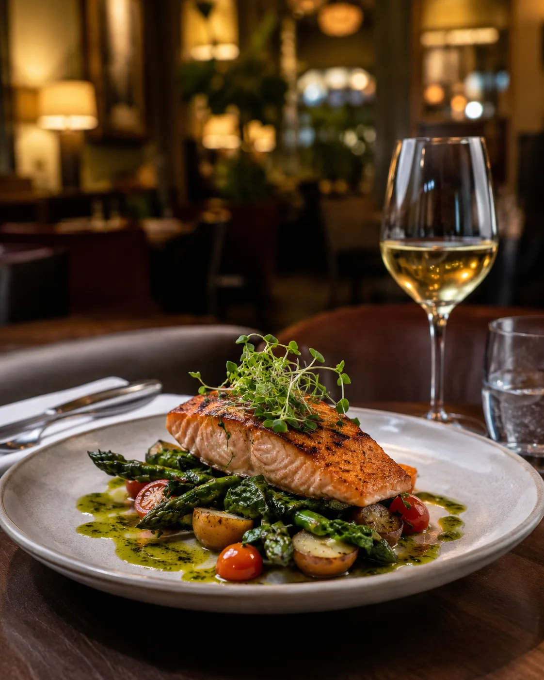 Assiette de restaurant dressée avec un verre de vin