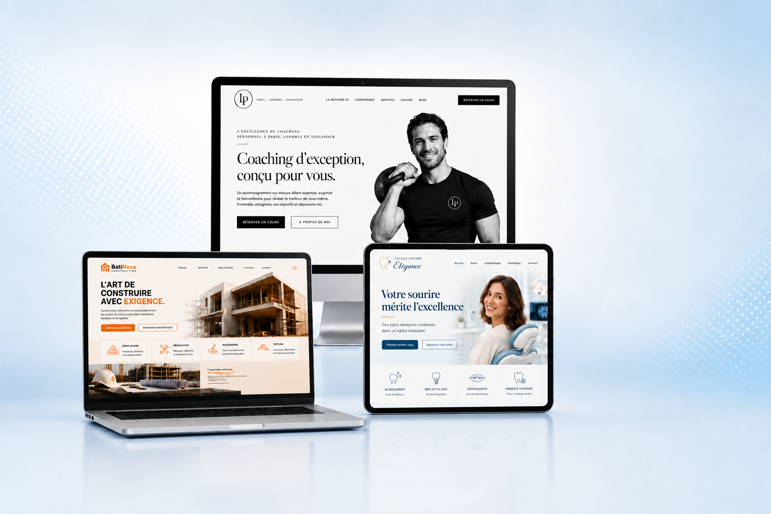 Exemples de sites créés sur mesure : coach, BTP, clinique dentaire